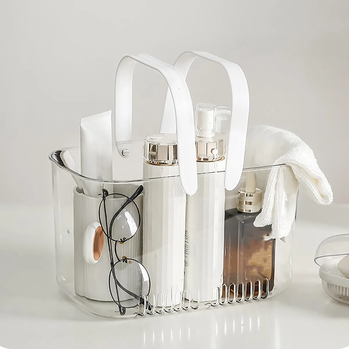 Panier de caddie de douche, panier en plastique transparent avec manche Organisateur de stockage de stockage de douche