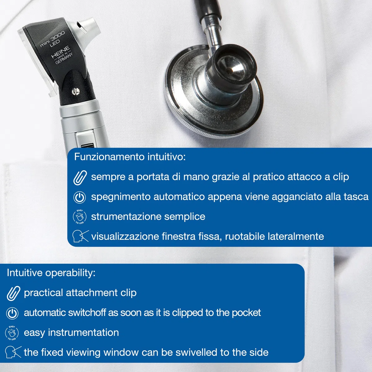 HEINE - Mini otoscope 3000 LED 2,5 V DIRECT, noir – Compact et précis pour examens auriculaires