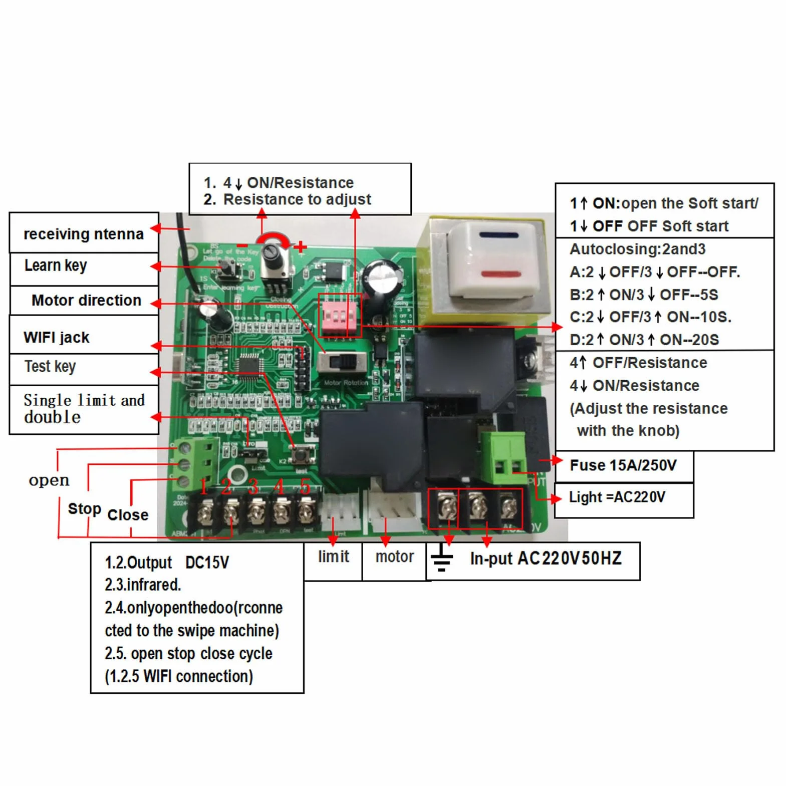 Carte de Commande D'ouvre-Porte Coulissante, Kit de Circuit imprimé de Contrôleur de Porte électrique à Code Roulant 433,92 MHz avec 2 Télécommandes pour une Utilisation en Usine (220V)