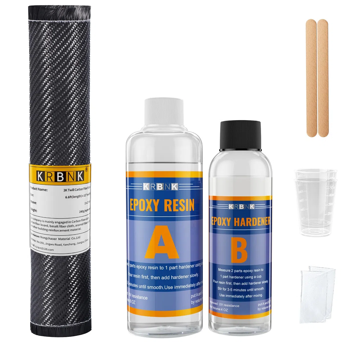 Kit complet de rouleau de tissu en fibre de carbone 3K - 200 cm x 30 cm - Plaque de fibre de carbone - 235 ml de résine époxy 118 ml de durcisseur - Plaque de fibre de carbone DIY - Tissu en fibre de