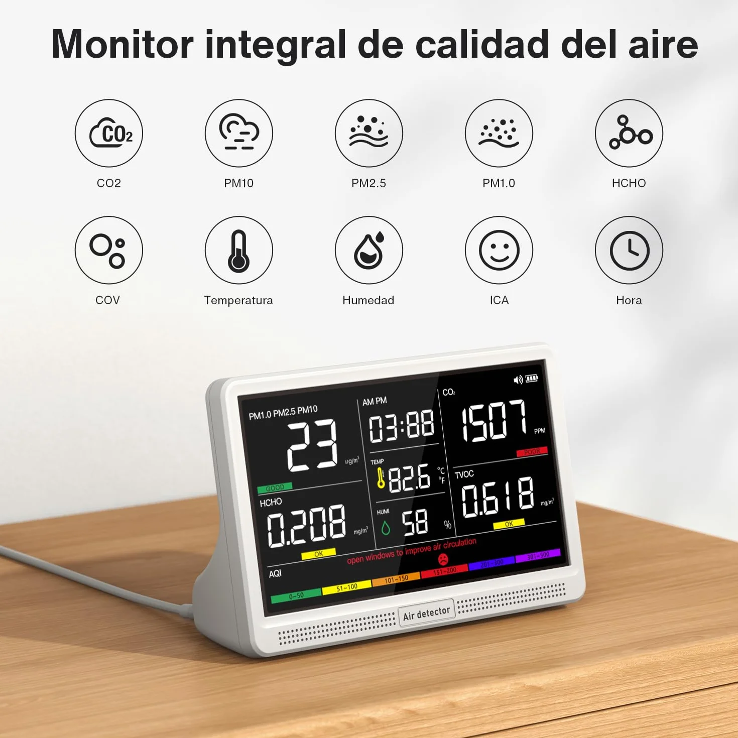 Moniteur de qualité d'air intérieur 16 en 1 avec écran 7", autonomie améliorée de 12 heures. Compteur professionnel pour CO₂, COV, PM2.5, PM1.0, PM10, HCHO, température, humidité, AQI et heure