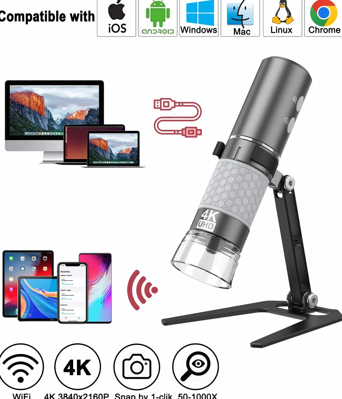 Jiusion Microscope Numérique Portatif WiFi USB, Grossissement 50-1000X Caméra 4K 3840x2160P 8 LED Support Métal