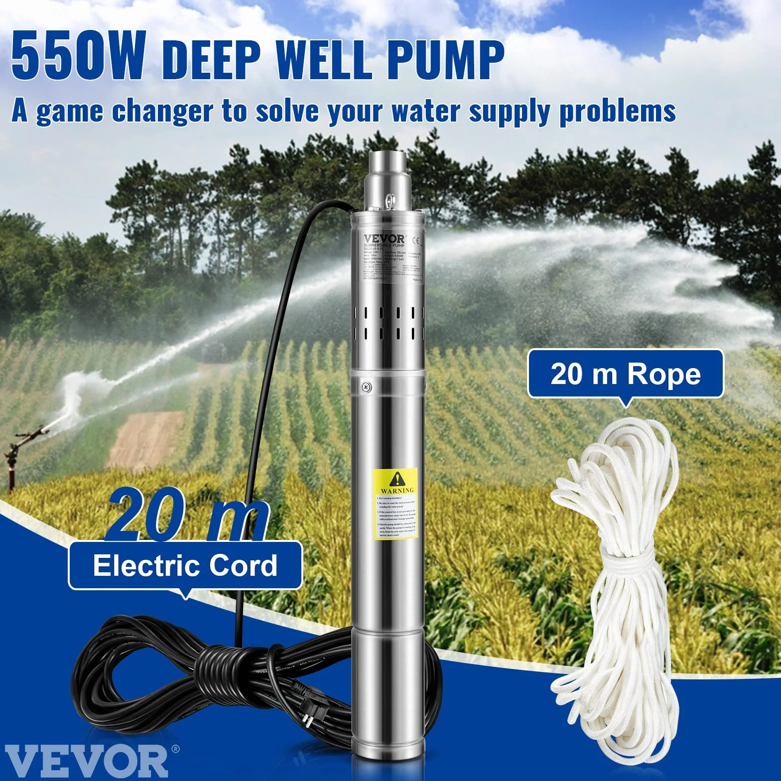 VEVOR Pompe Immergée pour Puits 2100 L/h 108 m Pompe à Eau pour Puits Profond en Acier Inox, Pompe à Eau Électrique 550 W, Pompe de Puits Submersible Automatique Usage Domestique Agricole Industriel