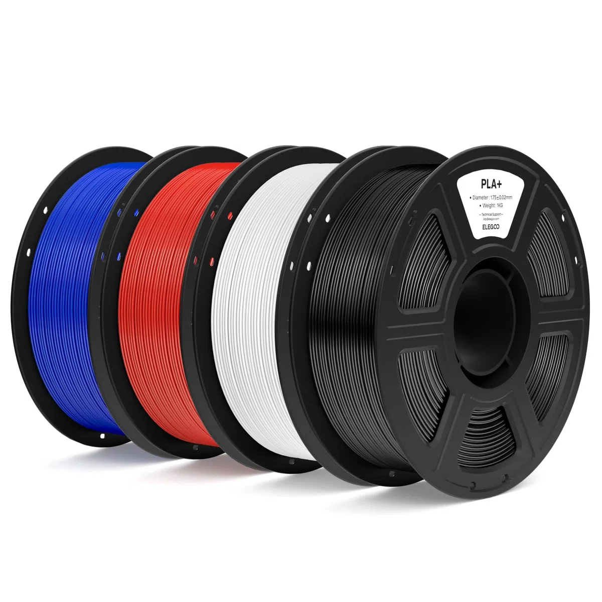 ELEGOO Filament PLA+ 1,75 mm Noir Blanc Rouge Franc Bleu Foncé 4KG, Filament PLA Plus Haute Résistance 3D Précision Dimensionnelle ±0,02 mm