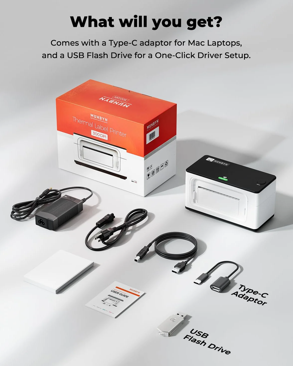 MUNBYN 300DPI Imprimante Thermique Bluetooth 4x6, Étiquette Expédition, Vitesse 150mm/s, USB/Bluetooth, Compatible Colissimo UPS Amz Ebay