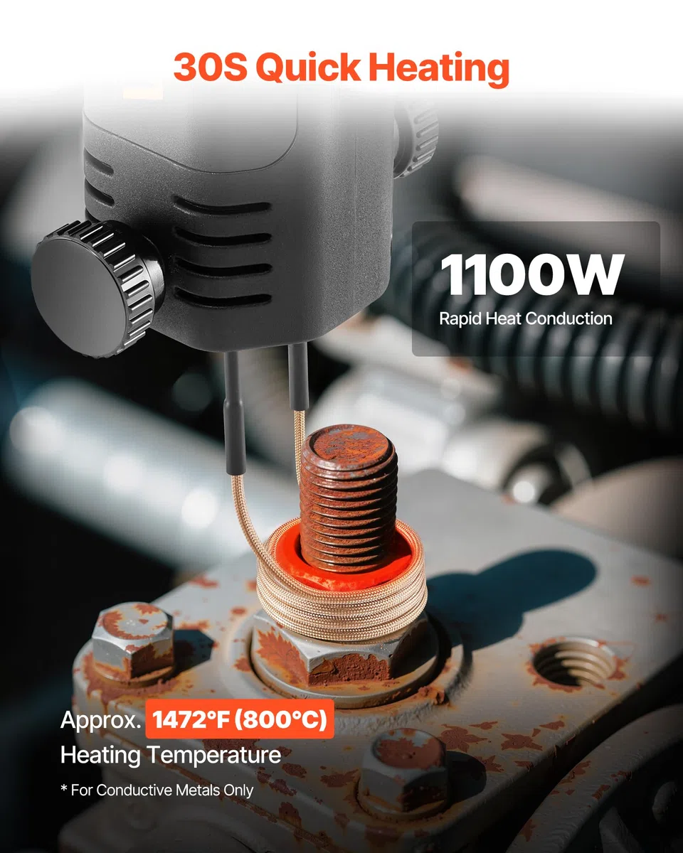 VEVOR Kit de Chauffage par Induction Magnétique pour Enlever Écrous Rouillés 1100 W, Dégrippeur à Induction Portatif, avec 8 Bobines et Coffret, pour Retirer Vis Rouillées, Réparation Automobile