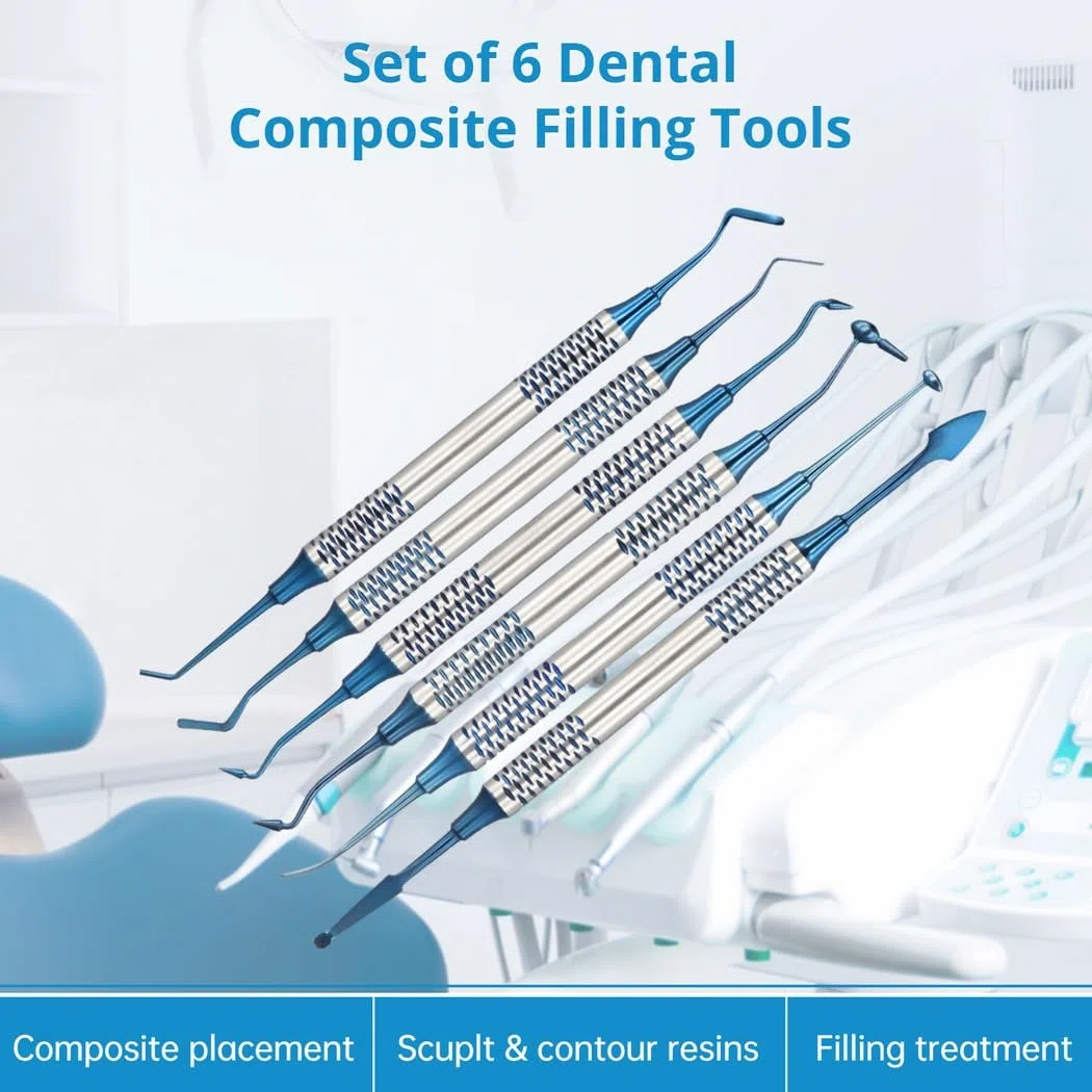 Instruments professionnels de restauration dentaire pour placement composite, 6 spatules de remplissage dentaire, outils dentaires à double extrémité pour le remplissage de résine composite