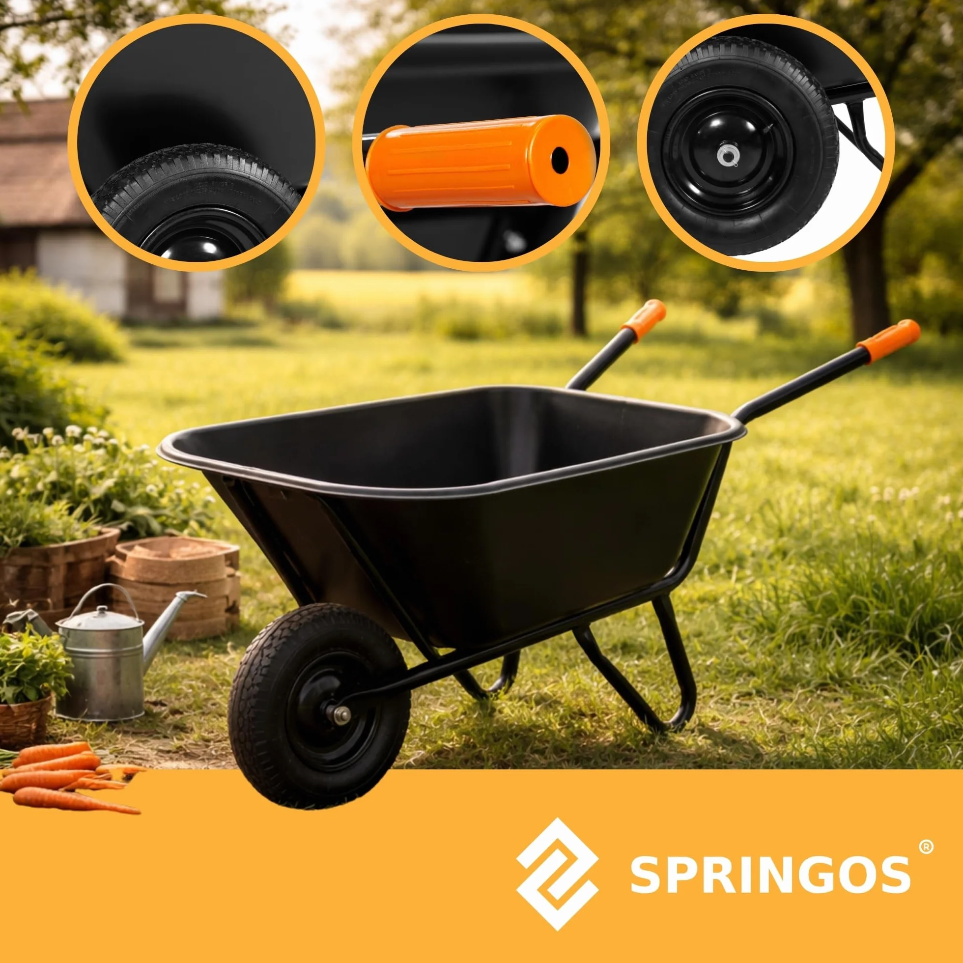 SPRINGOS - Brouette de jardin 300 litres à deux roues, capacité 160 kg, roues pneumatiques, bac en plastique, montage facile, pour travaux de jardinage et de construction