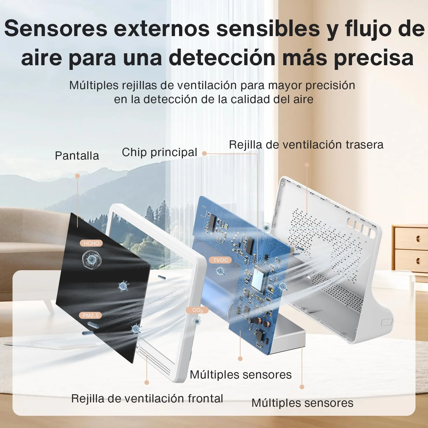 Moniteur de qualité d'air intérieur 16 en 1 avec écran 7", autonomie améliorée de 12 heures. Compteur professionnel pour CO₂, COV, PM2.5, PM1.0, PM10, HCHO, température, humidité, AQI et heure