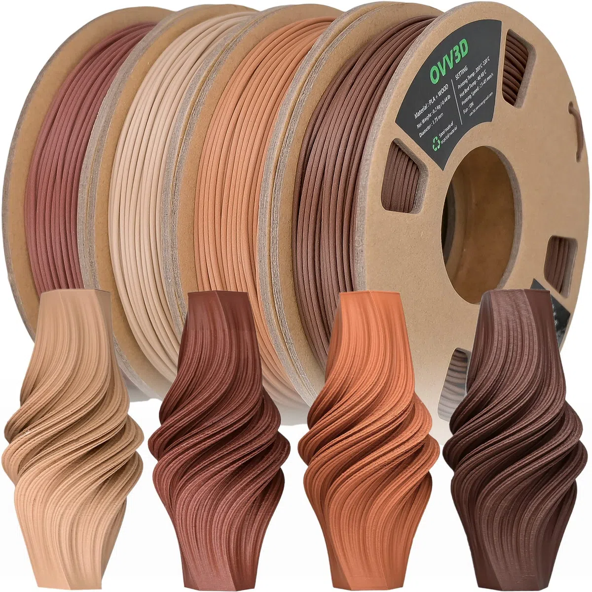 OVV3D Filament PLA 1.75mm Lot de 4 200g Bois Noyer Noir Cerisier Chêne Blanc Teck