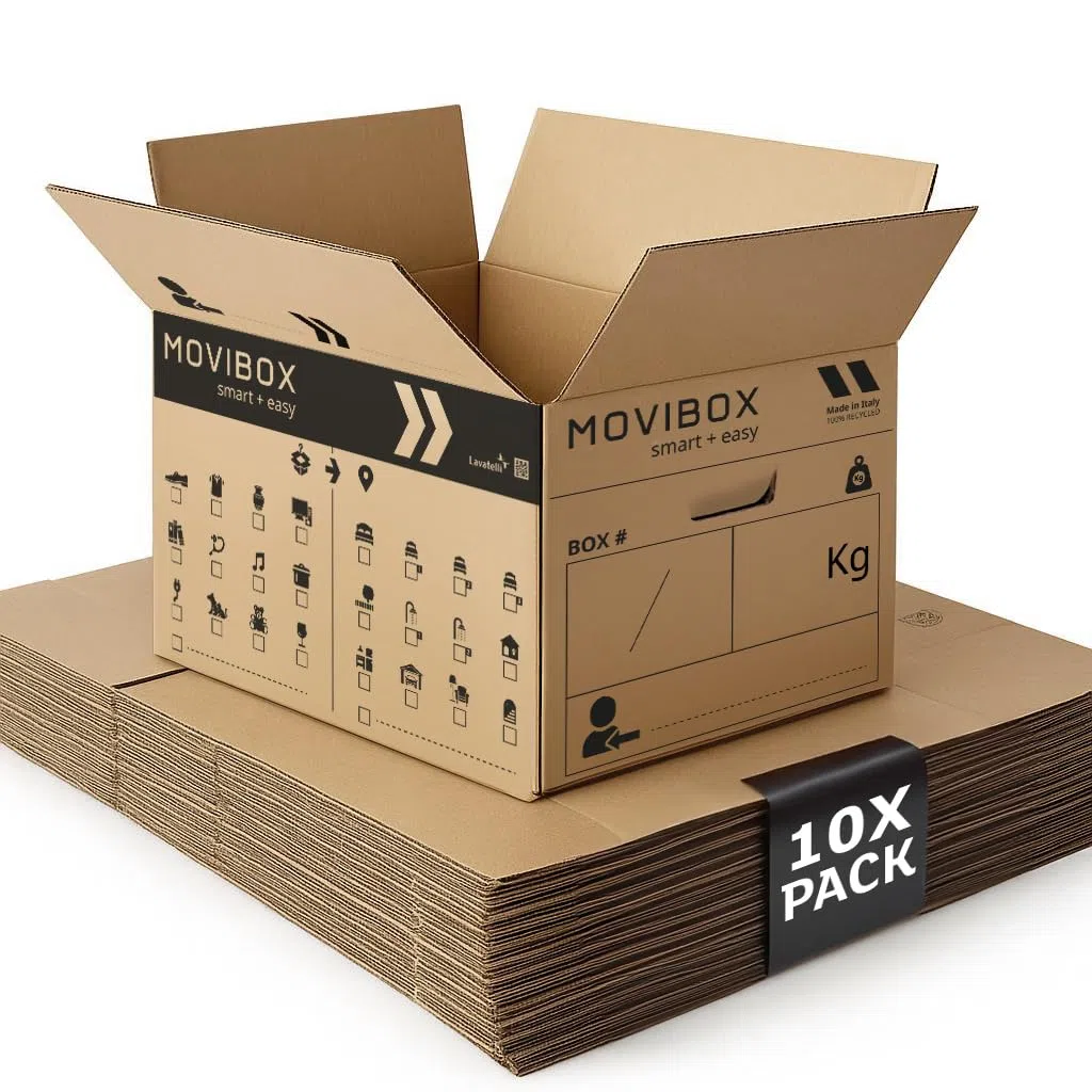 Lavatelli Movibox - 10 boîtes de déménagement 50 x 35 x 35 cm taille universelle - Double vague robuste - Avec symboles contenu et pièce destination, poignées pré-découpées - boîtes en carton