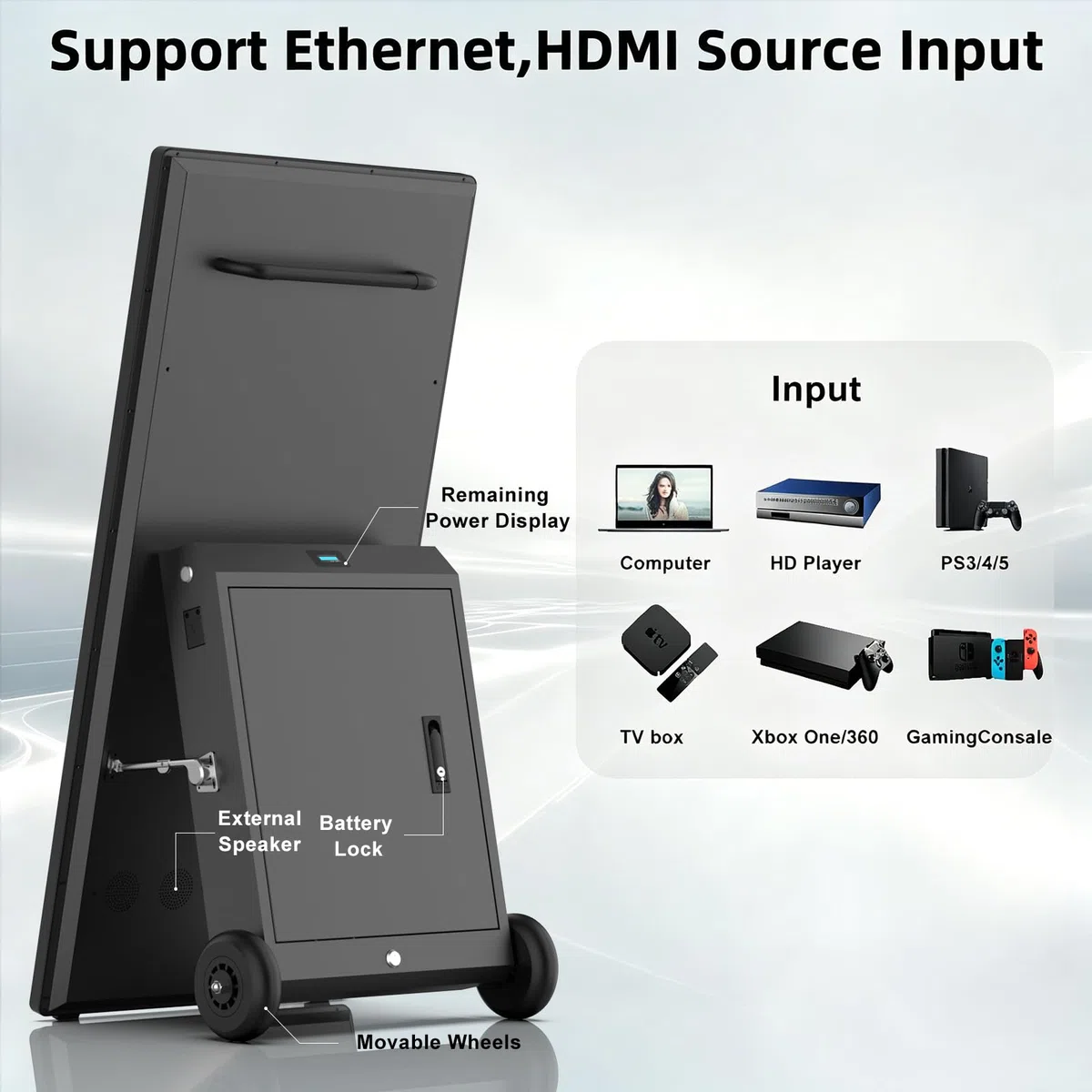 Écran Publicitaire Extérieurs 43 Pouces, Haute Luminosité 2000 Nits LCD Écran d'Affichage NuméRique, Étanche IP65, Batterie Rechargeable avec 10h d'Autonomie, pour les Food Trucks, Restaurants
